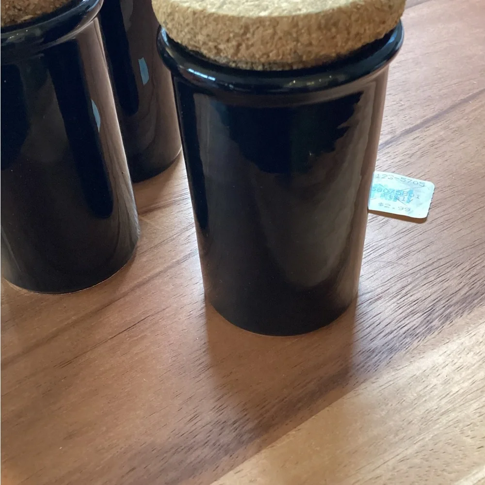 Pier 1 Italy set (4) ceramic spice jars with cork stoppers.